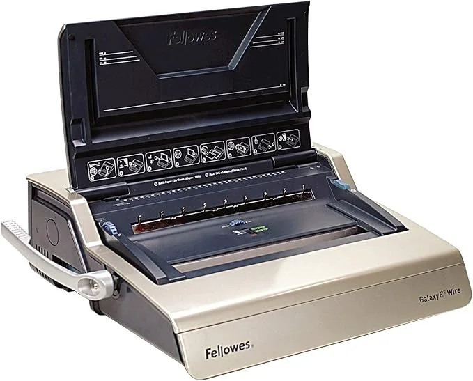 Fellowes Galaxy E Wire Encuadernadora Electrica - Perfora hasta 20 Hojas - Encuaderna hasta 130 Hojas - Bandeja Frontal - Incluye Kit de Inicio - 45x53x16.5cm - Color Gris