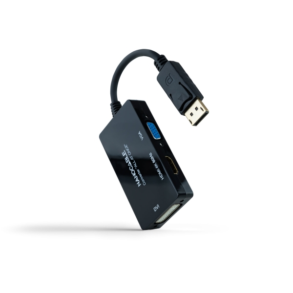 Nanocable Conversor de Video - DisplayPort a HDMI, DVI y VGA - 3 Salidas Simultaneas - 4K a 60Hz por HDMI - Modo SST y MST - Longitud 20cm - Color Negro