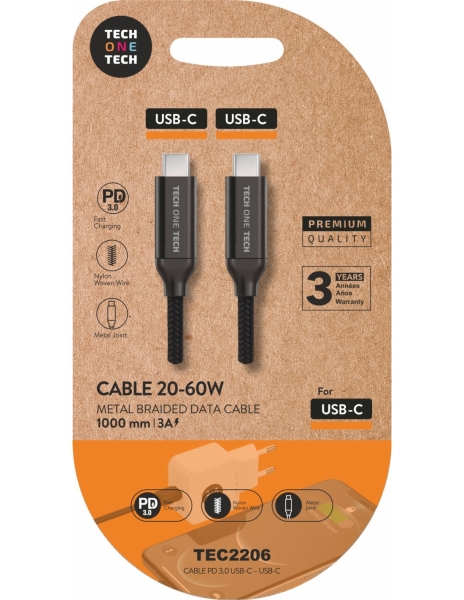 TechOneTech Cable USB-C Macho a USB-C Macho 1m - Recubierto de Nylon Trenzado Negro