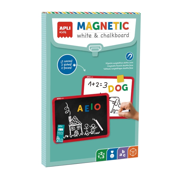 Apli Pizarra Magnetica Doble Cara - Una Cara Para Tiza y otra para Rotuladores - Incluye Rotulador, Caja de Tizas y Borrador - Tamaño 340x220x20mm