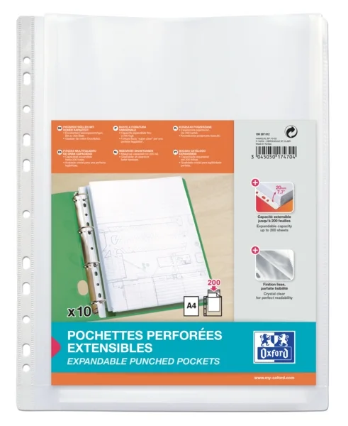 Oxford Pack de 10 Fundas Multitaladro A4 con Fuelle - Gran Capacidad - Polipropileno 200µ - Acabado Cristal