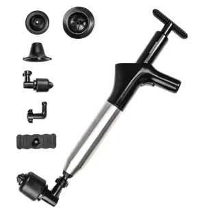 Innovagoods Jetpro Desatascador de Aire Comprimido 5 en 1 con Accesorios - Alta Presion - Acero Inoxidable - Manometro Incluido - Presion Ajustable - Color Negro