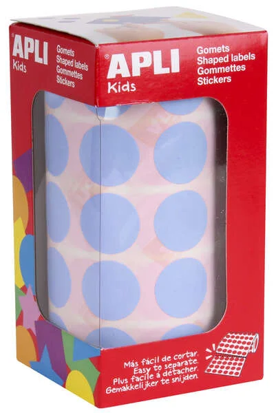 Apli Gomets Redondos Ø 20mm Azul Claro - 59 Hojas Pretroqueladas - 1770 Gomets por Rollo - Ideal para Escuelas y Talleres Infantiles - Normas EN-71 y FSC - Adhesivo Base Agua - Materiales 100% Reciclables