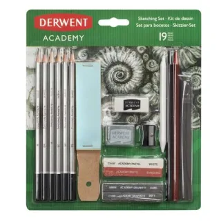 Derwent Academy Sketching Pack de 6 Lapices de Grafito de Durezas Surtidas, 2 Bloques de Grafito, 2 Barras de Dibujo sin Madera, 2 Pasteles (White/Sanguine), 2 Barras de Carbon, 1 Lija, 1 Di