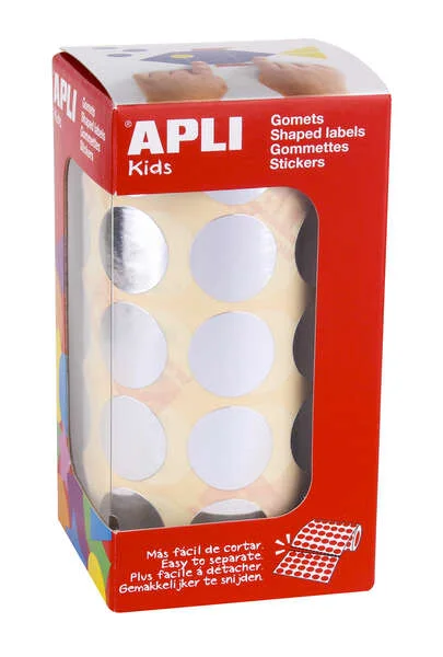 Apli Gomets Redondos Plata Metalizado Ø 20mm - 59 Hojas Pretroqueladas - 1770 Gomets por Rollo - Ideal para Escuelas y Talleres Infantiles - Cumple Normas EN-71 y FSC