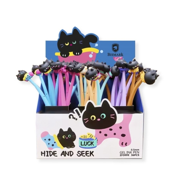 Bismark Animals Gato Boligrafo Tacto Soft con Divertidos Gatitos Negros - Punta Fina - Tinta Gel Color Negro - 6 Diseños Diferentes · Pack de 36 uds.