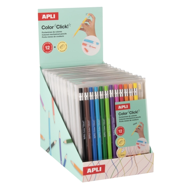 Apli Color Clik Expositor con 12 Packs de 12 Portaminas con Minas de Colores 2.6mm + 12 Recambios + 1 Sacapuntas - Forma Redonda - Colores Surtidos