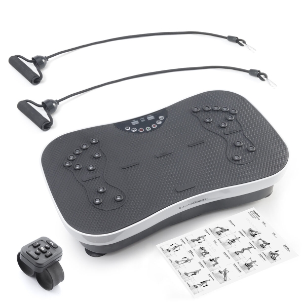 Innovagoods Vybeform Plataforma Vibratoria de Entrenamiento - Potencia 200W - Incluye Accesorios - Ergonomico - hasta 120kg - Mando a Distancia - Guia de Ejercicios - Color Negro y Blanco