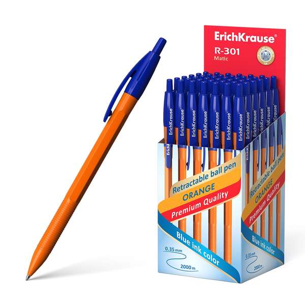 Erichkrause R-301 Naranja Matic Boligrafo Retractil Punta 0.7mm - Cuerpo Hexagonal Opaco - Tinta de Secado Rapido - Color Azul · Pack de 50 uds.