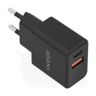 Aisens Cargador Gan 20W - 1xUSB-C PD3.0 - 1xUSB-A QC3.0 - Color Negro