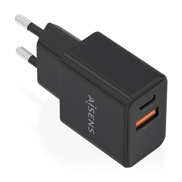 Aisens Cargador Gan 20W - 1xUSB-C PD3.0 - 1xUSB-A QC3.0 - Color Negro