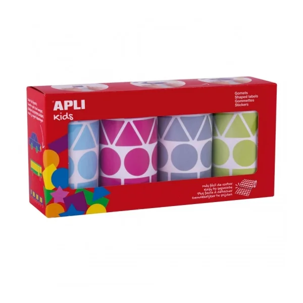 Apli Pack con 4 Rollos de Gomets Geometricos XL - 1357 Gomets por Rollo - Adhesivo Permanente - 5.428 Gomets en Total - Ideales para Escuelas Infantiles - Colores Azul Claro, Fucsia, Grisy Verde Claro