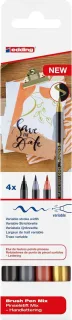 Edding 1340 Brush Pack de 4 Rotuladores - Punta Pincel Flexible - Trazo 1-3mm - Tinta con Base de Agua - Colores Oro, Negro, Gris y Albaricoque
