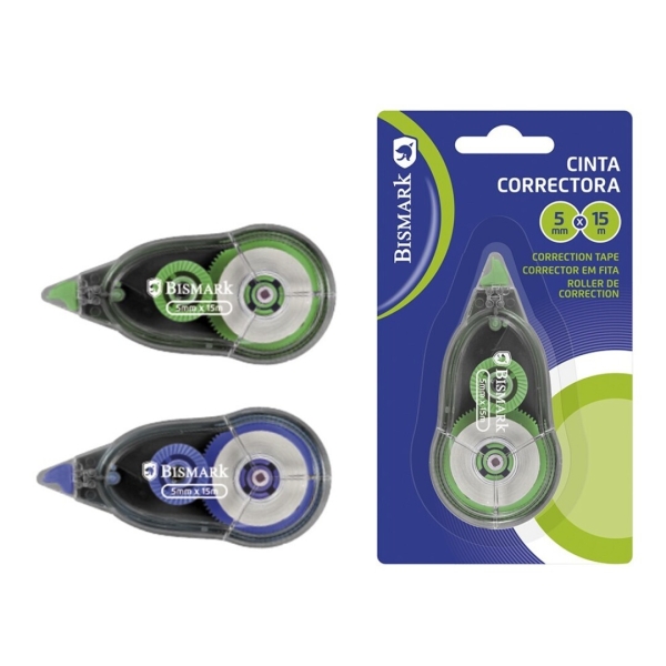 Bismark Cinta Correctora 5mmx15m - Perfecta Adherencia al Papel - Presentacion en Blister Individual - Colores Surtidos Aleatorios · Pack de 24 uds.