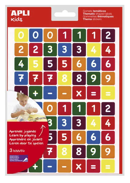 Apli Bolsa de Gomets Tematicos los Numeros - 210 Gomets en 3 Hojas - Adhesivo Removible - Aprendizaje de Numeros y Calculo Mental - Adhesivo Base Agua - Libre de Disolventes - Color Variado