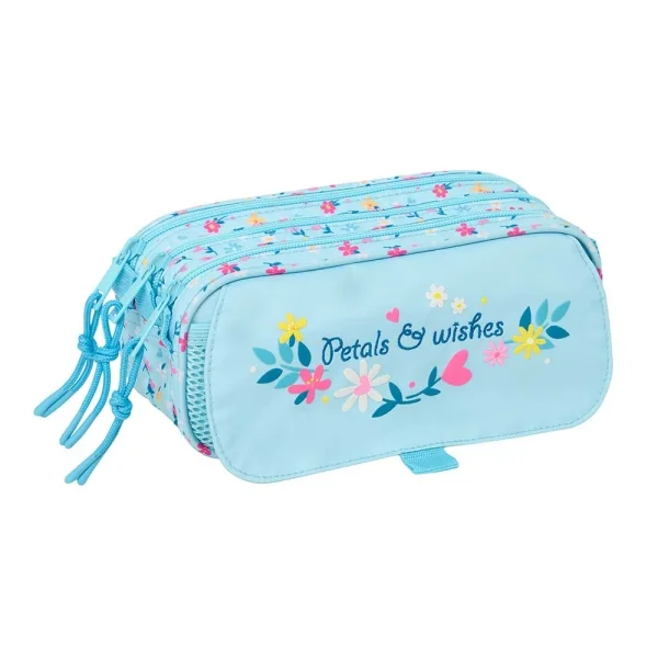 Safta Blackfit8 Petalos Portatodo - 3 Compartimentos con Cremallera - Cinta Trasera Adaptable - Bolsillo Frontal de Rejilla con Velcro - 21.5x10x8cm - Color Azul Claro