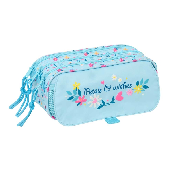 Safta Blackfit8 Petalos Portatodo - 3 Compartimentos con Cremallera - Cinta Trasera Adaptable - Bolsillo Frontal de Rejilla con Velcro - 21.5x10x8cm - Color Azul Claro