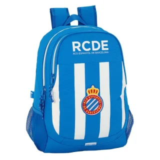 Safta RCD Espanyol Mochila Adaptable a Carro - Portabotellas - Dos Compartimentos Grandes - Doble Cremallera - Hombreras Ergonomicas - Asa de Mano - 23L - 320x160x440mm - Color Azul y Blanco