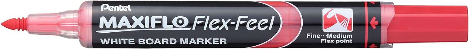 Pentel Maxiflo Flex-Feel Rotulador para Pizarra Blanca - Punta Flexible 4.6mm - Trazo de 1 a 5mm - Dosificacion de Tinta mediante Embolo - Color Rojo · Pack de 12 uds.