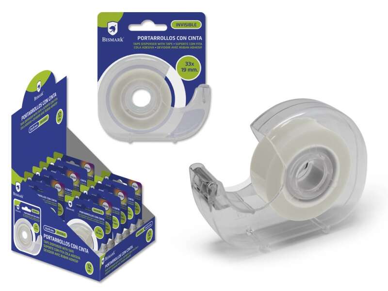 Bismark Cinta Adhesiva Invisible 19mmx33m con Portarrollos - Cuerpo de Plastico - Ideal para Uso Escolar - Transparente · Pack de 12 uds.