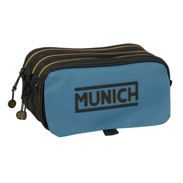 Safta Munich Portatodo - 3 Compartimentos con Cremallera - Cinta Trasera Adaptable - Bolsillo Frontal de Rejilla con Velcro - 21.5x10x8cm - Color Negro y Azul