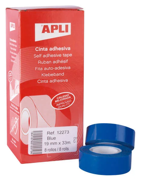 Apli Cinta Adhesiva Azul 19mm x 33m - Resistente al Agua y a la Intemperie - Facil de Cortar con las Manos - Ideal para Manualidades y Embalaje Azul