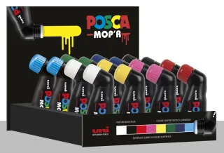 Posca MOP'R Expositor de 16 Marcadores de Pintura - Punta Redondeada de Gomaespuma - Ancho de Trazo 3-19mm - Multi Efectos - Tinta Base al Agua - Color Surtido · Pack de 16 uds.