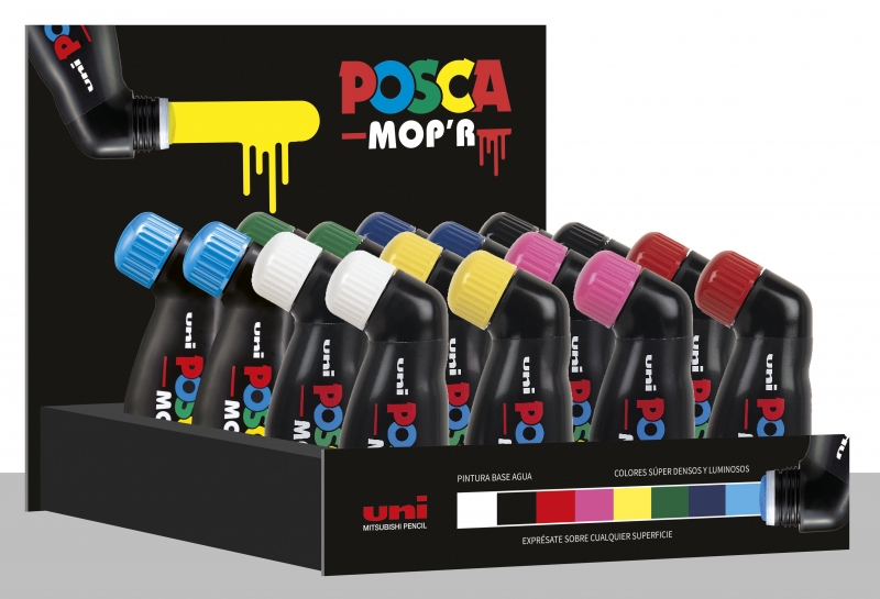 Posca MOP'R Expositor de 16 Marcadores de Pintura - Punta Redondeada de Gomaespuma - Ancho de Trazo 3-19mm - Multi Efectos - Tinta Base al Agua - Color Surtido · Pack de 16 uds.