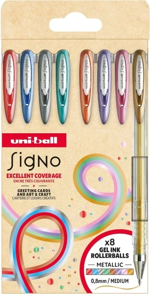 Uni-ball Signo Noble Metal UM-120NM Pack con 8 Boligrafos de Tinta Gel - Punta de Bola 0.8mm - Tinta Pigmentada Resistente al Agua y Luz - Escribe en Papel Negro y Blanco - Colores Surtidos