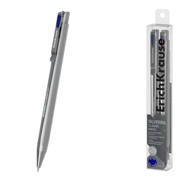 ErichKrause Silverra Matic Classic Pack de 2 Boligrafos Retractiles - Punta de 0.7mm - Cuerpo Gris - Trazo 0.35mm - Color Azul