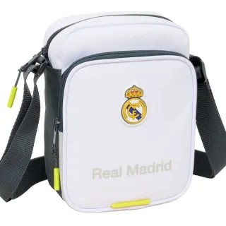 Safta Real Madrid Bandolera de 2L - Ajustable - Bolsillo Trasero con Velcro - Cierre con Cremallera - 16x22x6cm - Color Blanco y Negro