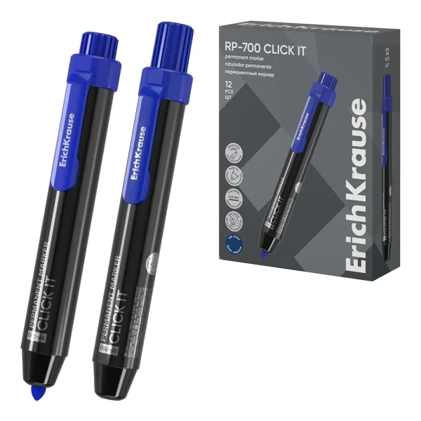 ErichKrause RP-700 Click it Rotulador Permanente - Sistema Retractil - Punta Conica - Trazo de 2.0mm - Resistente al Agua y a la Luz - Multisuperficie - Tinta a Base de Alcohol - Color Azul · Pack de 12 uds.