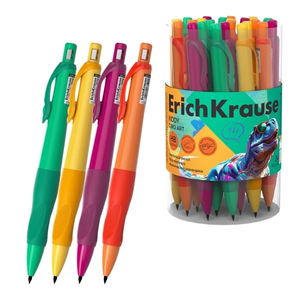ErichKrause Kiddy Dino Art Portaminas - Mina HB de 2.0mm - Agarre de Goma - Motivo de Dinosaurios - Colores Surtidos · Pack de 24 uds.