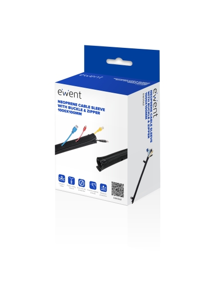 Ewent Manguito Organizador de Cable Neopreno - Cierre con Cremallera y Hebilla - Proteccion Frente a Humedad - 1m - 100mm - Color Negro