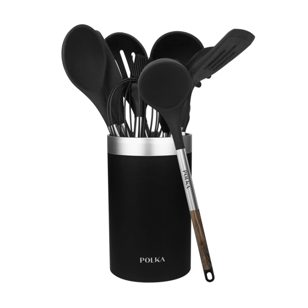Cecotec Polka Excellence Force Pack de 9 Utensilios de Cocina - Mango Efecto Madera - Silicona Antiadherente - Resistente hasta 220°C - Libre de BPA - Incluye Soporte - Facil de Limpiar - Co