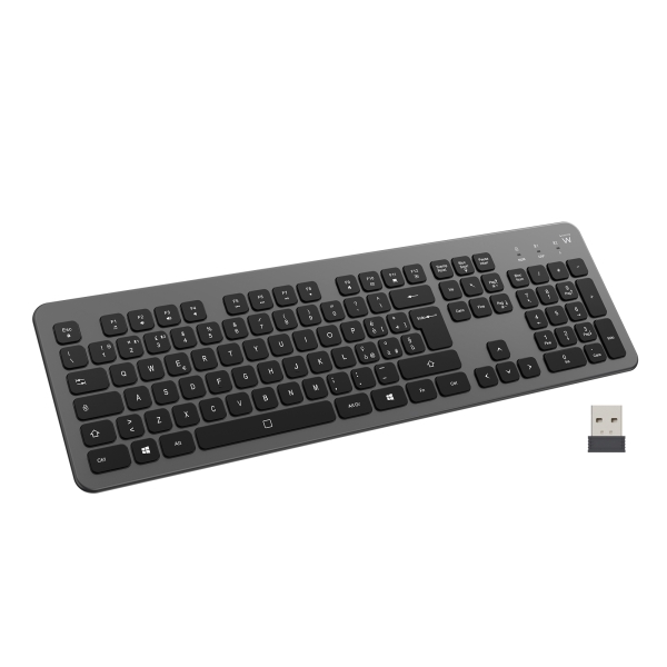 Ewent Teclado Inalambrico - Bateria de Litio Recargable de 300mAh - Disposicion Italiana QWERTY IT - Retroiluminacion - Teclas de Bajo Perfil y Silenciosas - Color Negro/Gris