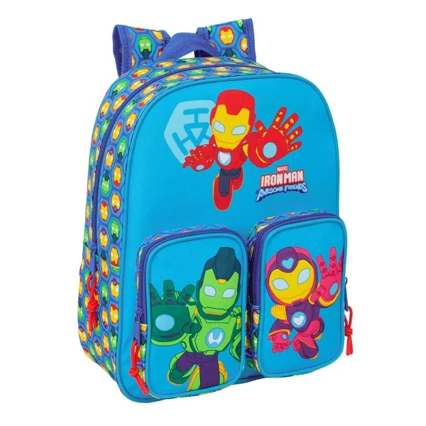 Safta Iron Man Mochila Infantil - Adaptable a Carro - Portabotellas - Hombreras Ergonomicas - Bolsillo Frontal - Asa Superior - 10L - 260x110x340mm - Color Azul