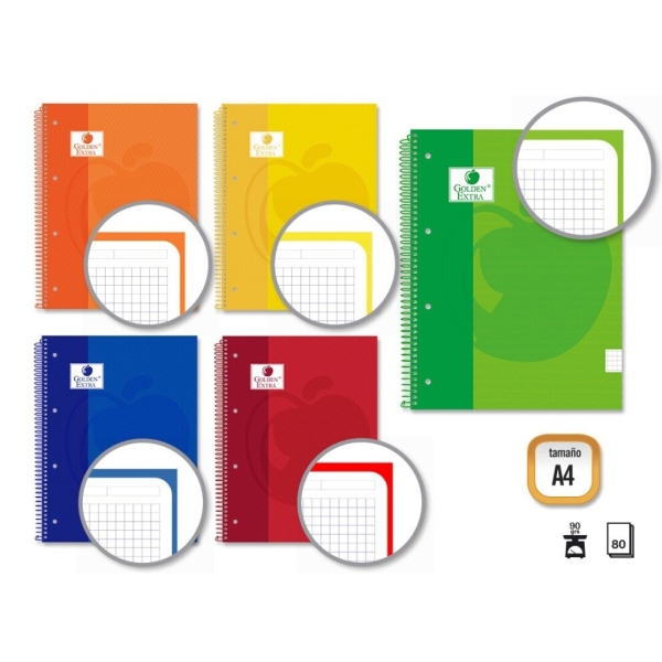 Golden Extra Cuaderno Espiral A4 80 Hojas 90grs Cuadricula 5x5 - Hojas Microperforadas con Banda de Color - Tapa Extradura Forrada - Colores Surtidos · Pack de 5 uds.