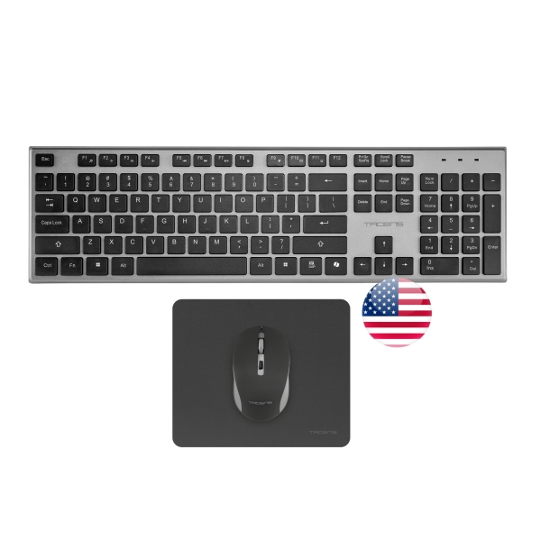 Tacens Zenith Combo Pack Inalabrico de Teclado Completo + Raton y Alfombrilla - Disposicion Internacional QWERTY US - Teclas Silenciosas de Perfil Bajo - Sensor de 3200dpi - Conexion Dual Li