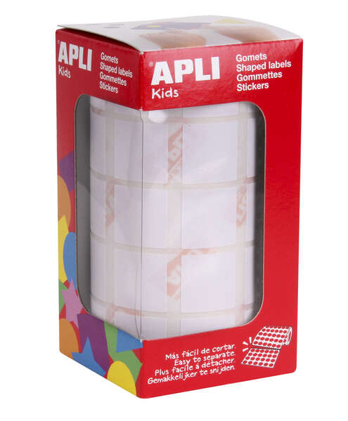 Apli Rollo con 1.770 Gomets Cuadrados 20x20mm - 59 Hojas Pretroqueladas - Ideal para Actividades Infantiles - Normas EN-71 y FSC - Color Blanco