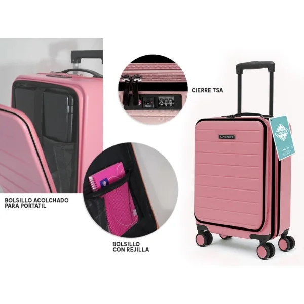 Lagart Maleta Trolley Pocket de Cabina Rigida 20” 55x34x25cm - Compartimento Frontal Acolchado para Portatil - Cierre TSA - Ruedas Dobles 360º - Color Salmon Pastel
