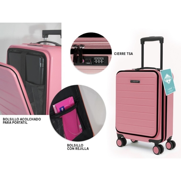 Lagart Maleta Trolley Pocket de Cabina Rigida 20” 55x34x25cm - Compartimento Frontal Acolchado para Portatil - Cierre TSA - Ruedas Dobles 360º - Color Salmon Pastel