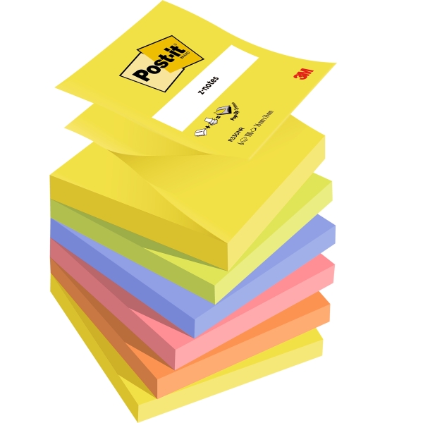 Post-It Pack de 6 Blocs de 100 Z-Notas Adhesivas Reposicionables 76x76mm - Forma Cuadrada - Colores Surtidos