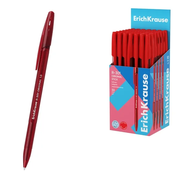 ErichKrause R-301 Stick Original Boligrafo con Capuchon - Punta de 1.0mm - Cuerpo Transparente - Trazo 0.5mm - Tinta de Secado Rapido - Tapa Ventilada - Color Rojo · Pack de 50 uds.
