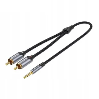 Vention Cable de Audio Estereo - Longitud 5m - Jack 3.5mm - 2xRCA - Conectores Chapados en Oro - Chaqueta Trenzada de Algodon y PVC - Color Gris