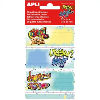 Apli Pack de 9 Etiquetas Escolares Modelo Grafitis - Tamaño 81x36mm - Adhesivo Permanente - Ideales para Marcar e Identificar Libros, Cuadernos, Carpetas etc...