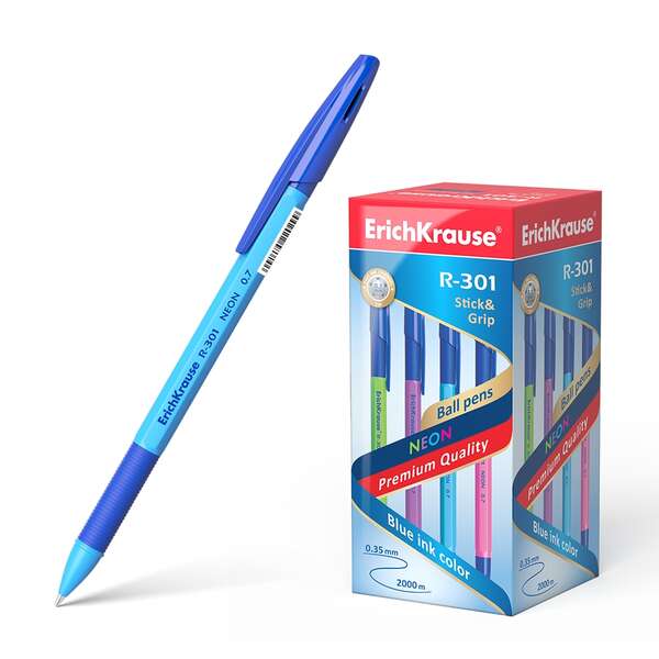 Erichkrause Boligrafo R-301 Neon Stick&Grip 0.7 - Cuerpo Hexagonal Translucido - Zona de Agarre de Goma - Punta de 0.7mm - Tinta de Secado Rapido - Color Azul · Pack de 50 uds.