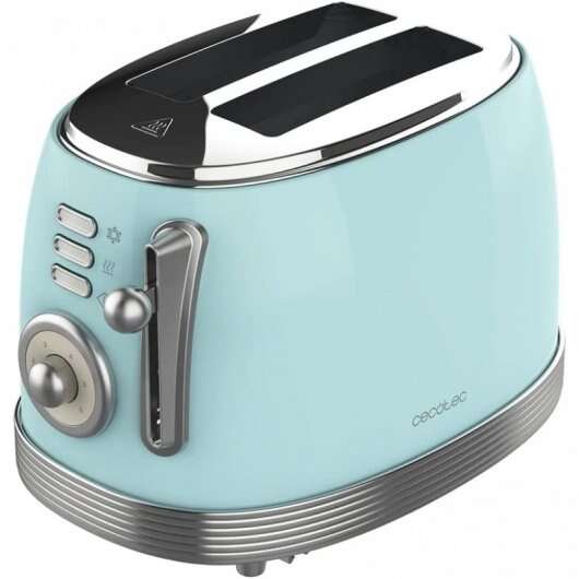 Cecotec Toast & Taste 800 Vintage Light Blue Tostadora Electrica 850W - 6 Niveles - 2 Ranuras Cortas Extraanchas - Capacidad para 2 Tostadas - Bandeja Recogemigas - Acabados en Acero Inoxida