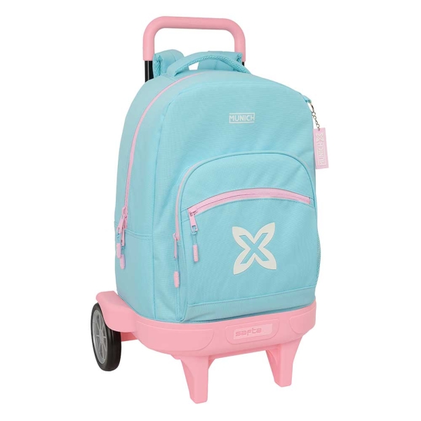 Safta Munich Sky Mochila con Carro - Extraible - 33L - Portabotellas - Tarjeta de Identificacion Personal - Ruedas Antivibracion - Asa de Mano - Bolsillo Frontal - 33x45x22cm - Color Azul Pastel
