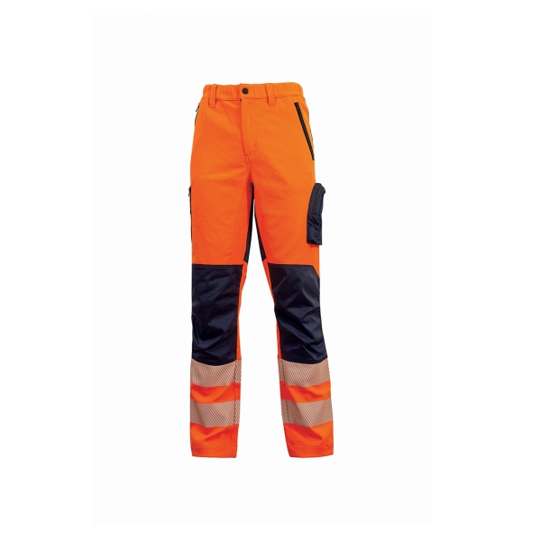 Upower Roy Pantalones Alta Visibilidad Elasticos - Talla 2XL - Tejido Stretch, Multiples Bolsillos con Cierre Zip, Cintura Elastica, Rodillas Preformadas, Proteccion DPI2 - Color Naranja Flu